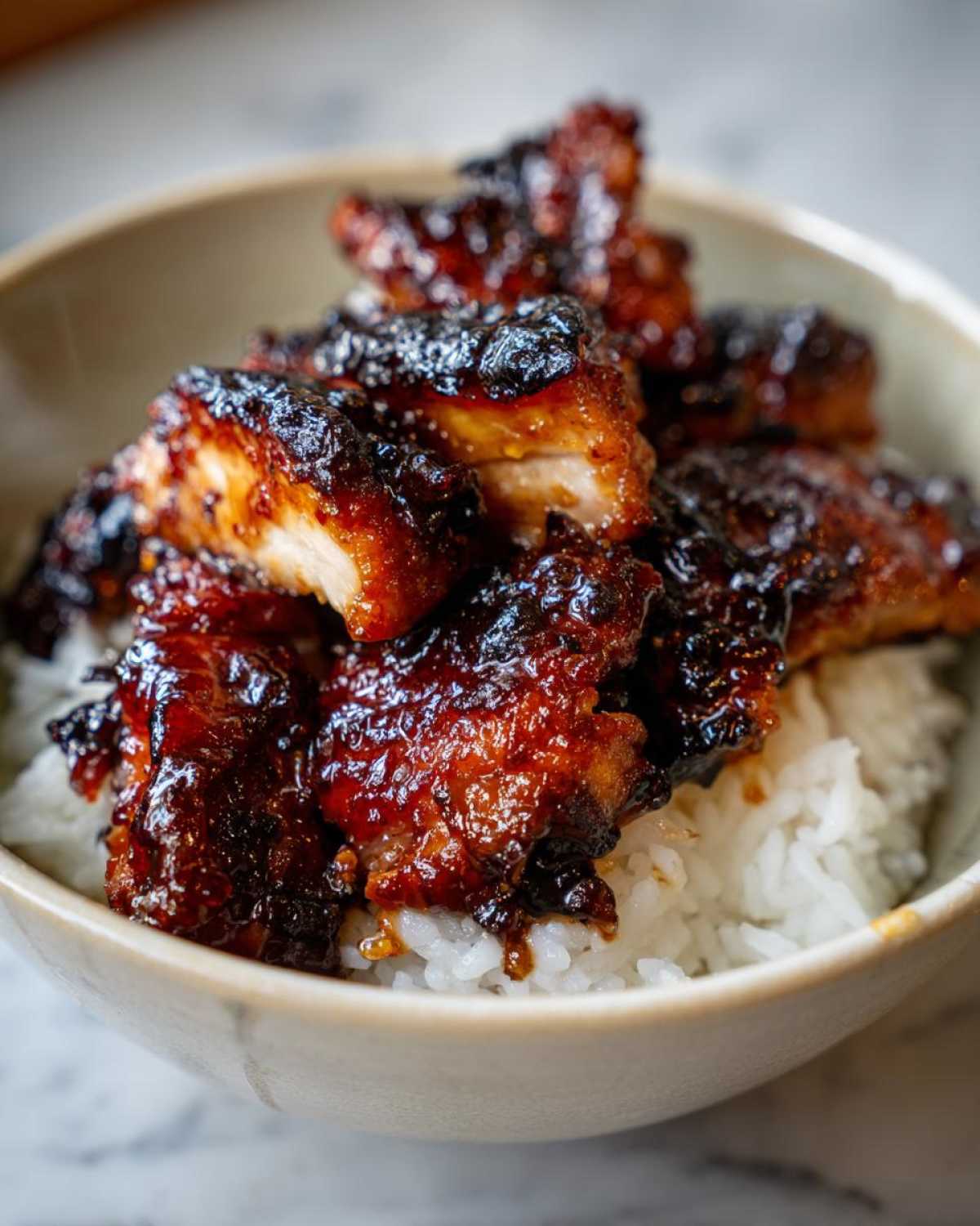 Close-up of pieces of glazed, dark Sticky BBQ Chicken Bowl with Rice in a light ceramic bowl.