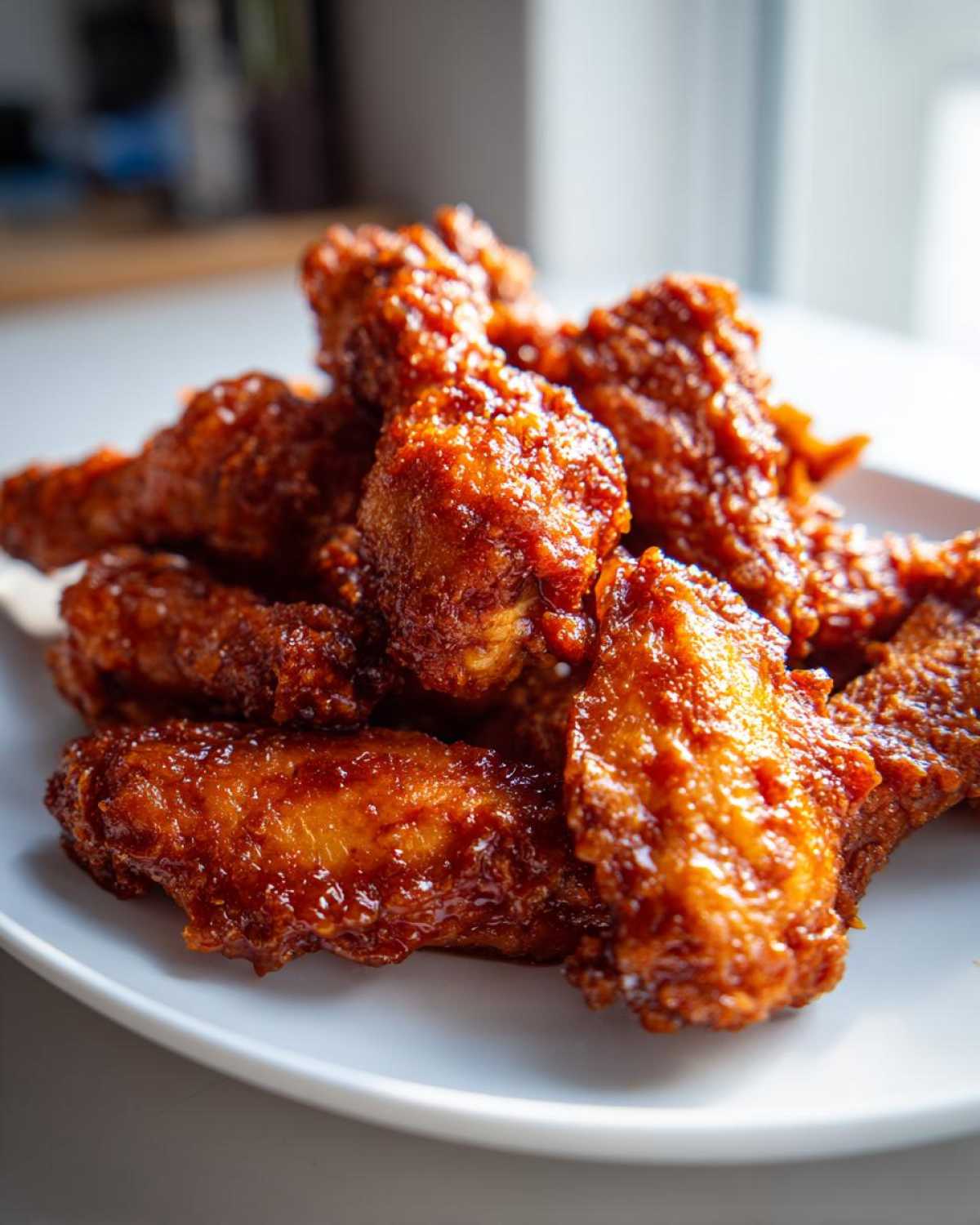 Close-up of crispy Sticky Orange Chicken Wings Oven Style piled high on a white plate, glistening with sauce.