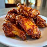 Close-up of several crispy Sticky Orange Chicken Wings Crispy Oven Style piled on a white plate.
