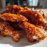 Close-up of a pile of Sticky Orange Chicken Wings Crispy Oven Style coated in a glossy, thick orange glaze.