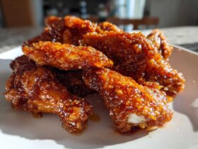 Close-up of a pile of Sticky Orange Chicken Wings Crispy Oven Style coated in a glossy, thick orange glaze.