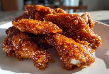 Close-up of a pile of Sticky Orange Chicken Wings Crispy Oven Style coated in a glossy, thick orange glaze.