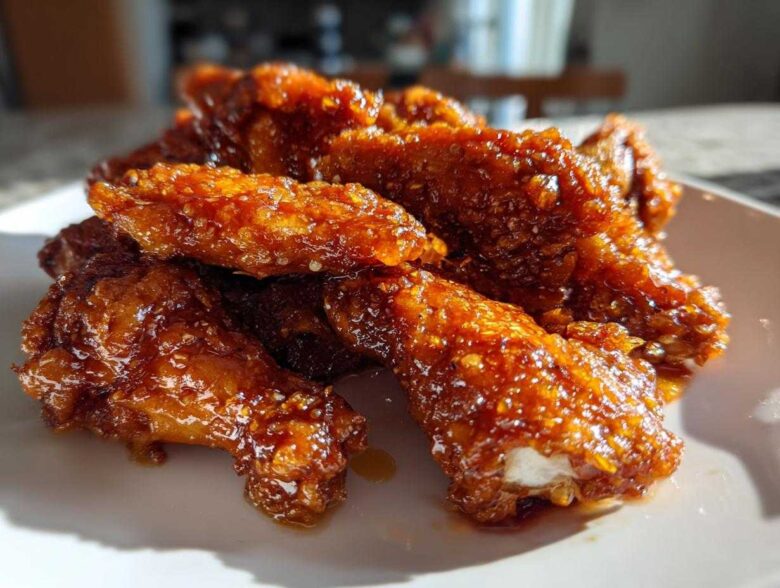 Close-up of a pile of Sticky Orange Chicken Wings Crispy Oven Style coated in a glossy, thick orange glaze.