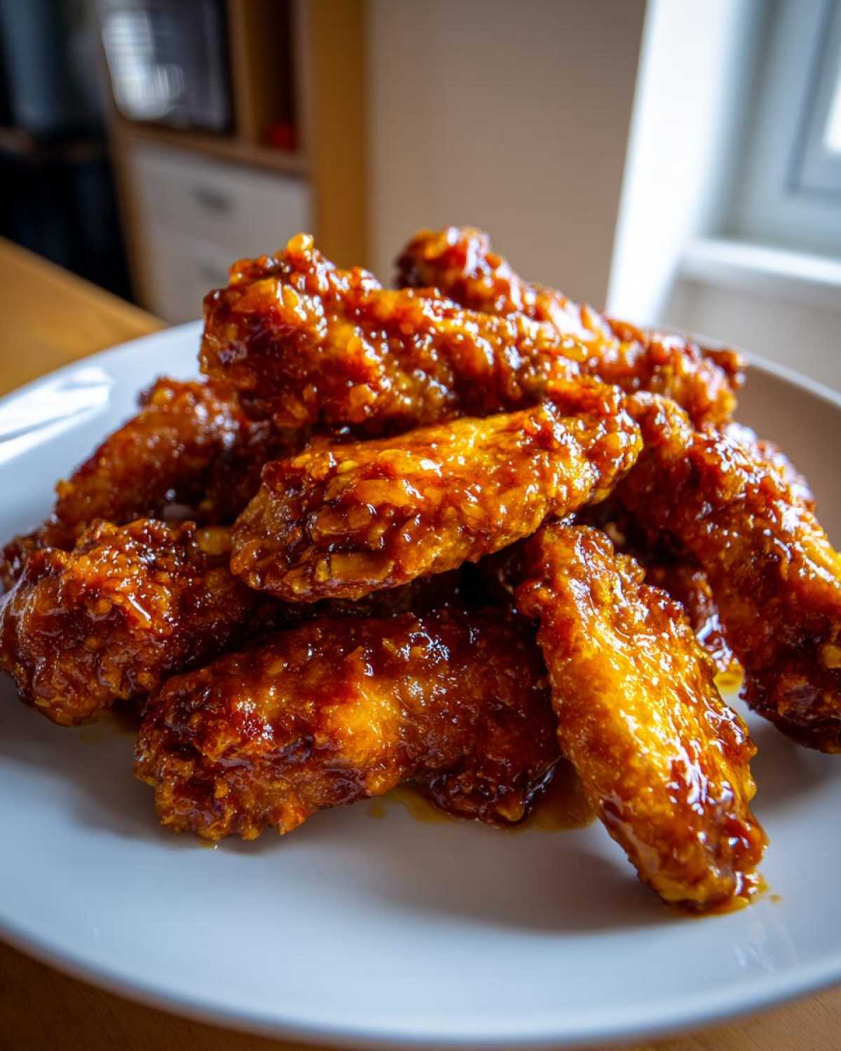A close-up of a pile of crispy Sticky Orange Chicken Wings Crispy Oven Style coated in a thick, glossy orange glaze.