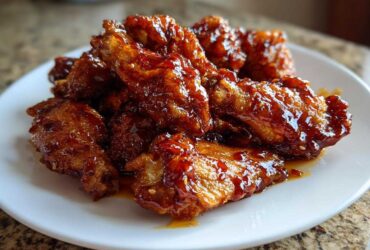 A close-up of several Sticky Sweet Chili Chicken Wings Oven Baked piled high on a white plate, glistening with sauce.
