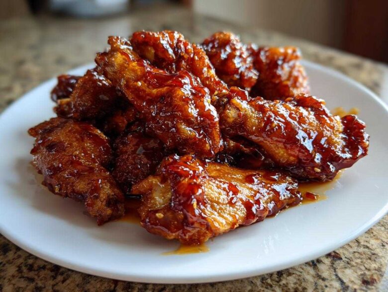 A close-up of several Sticky Sweet Chili Chicken Wings Oven Baked piled high on a white plate, glistening with sauce.