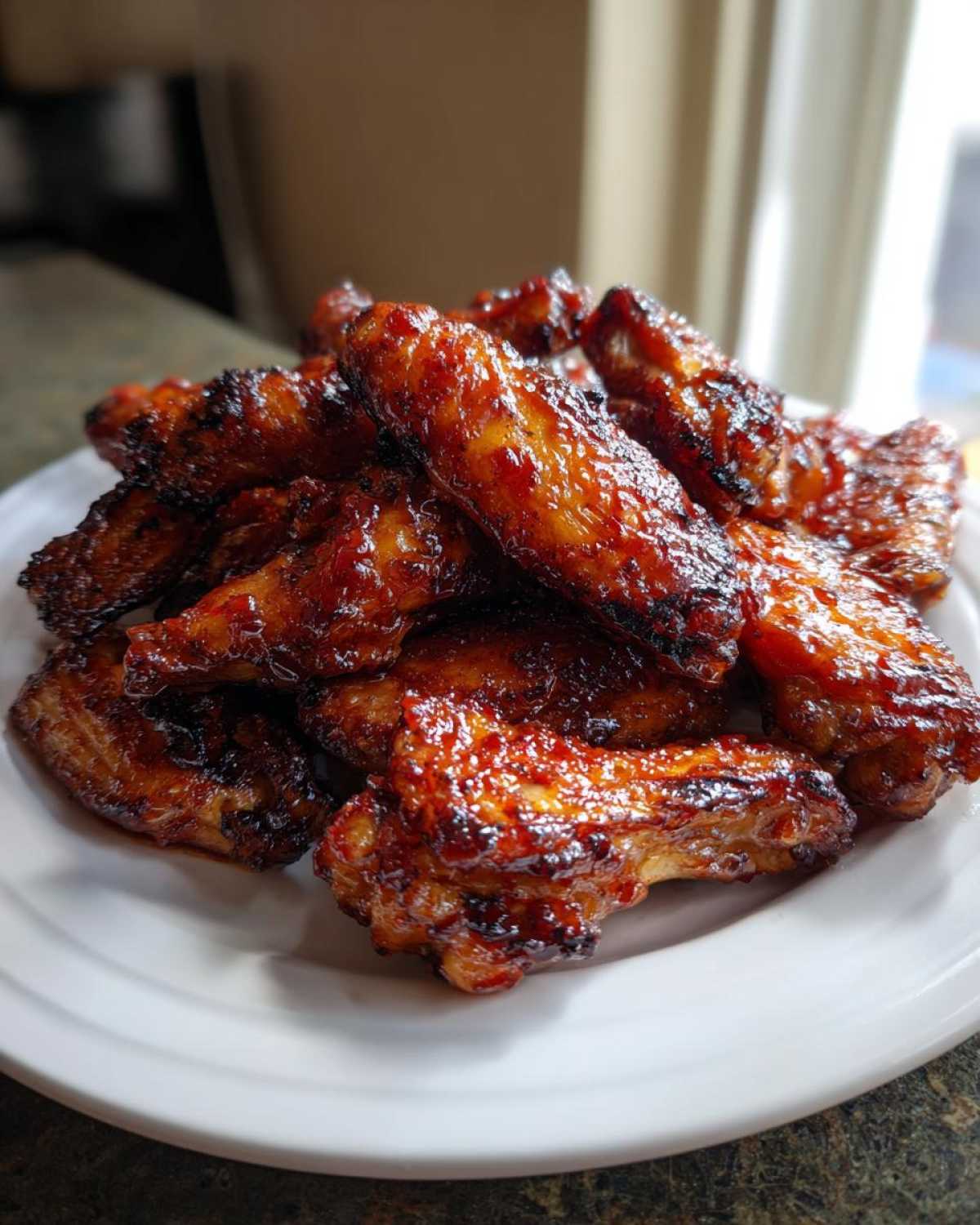 A pile of perfectly cooked Sticky Sweet Chili Chicken Wings Oven Baked, glistening with a dark, caramelized glaze.