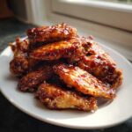 A pile of glossy, caramelized Sticky Sweet Chili Chicken Wings Oven Baked served on a white plate.
