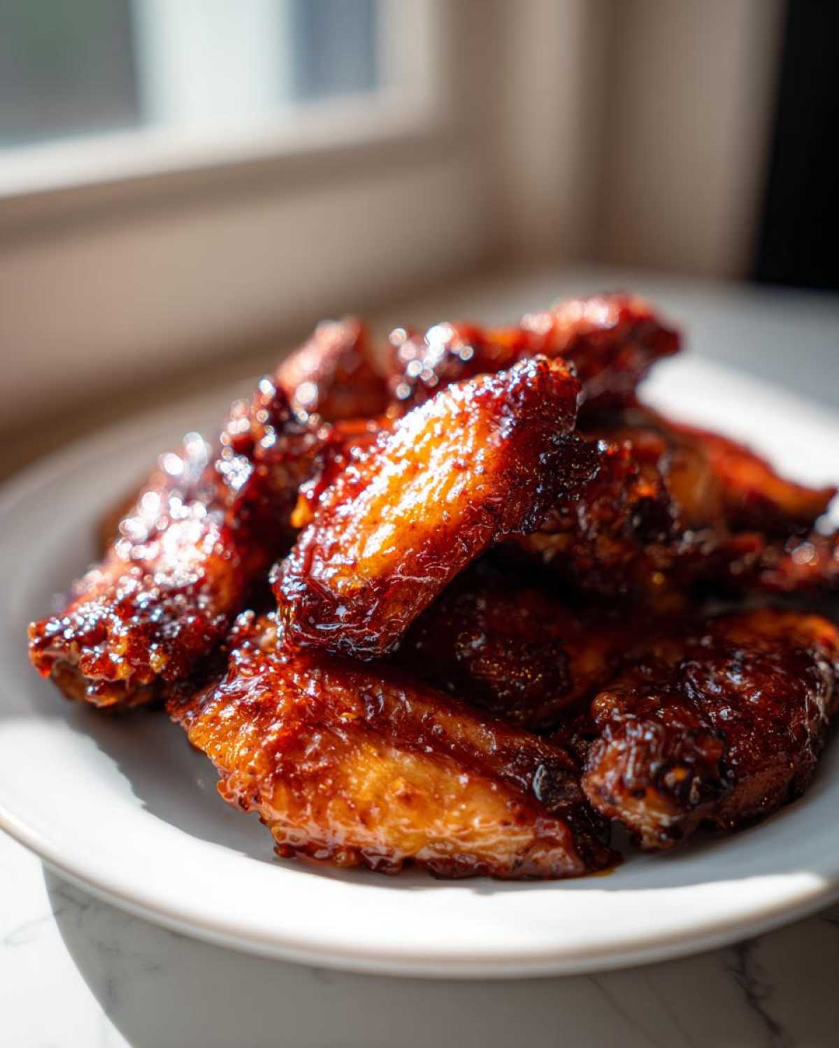 A close-up of glossy, caramelized Sticky Sweet Chili Chicken Wings Oven Baked piled on a white plate.