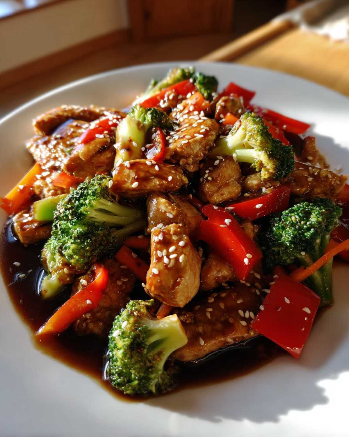 Close-up of a plate featuring Sticky Teriyaki Chicken Stir Fry Quick Meal with broccoli, red peppers, and sesame seeds.