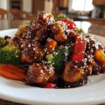Close-up of Sticky Teriyaki Chicken Stir Fry Quick Meal featuring glazed chicken pieces, broccoli, carrots, and red peppers topped with sesame seeds.