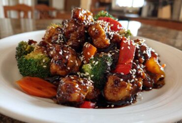 Close-up of Sticky Teriyaki Chicken Stir Fry Quick Meal featuring glazed chicken pieces, broccoli, carrots, and red peppers topped with sesame seeds.
