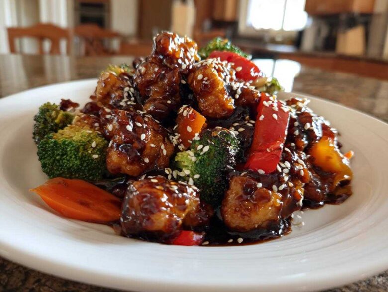 Close-up of Sticky Teriyaki Chicken Stir Fry Quick Meal featuring glazed chicken pieces, broccoli, carrots, and red peppers topped with sesame seeds.