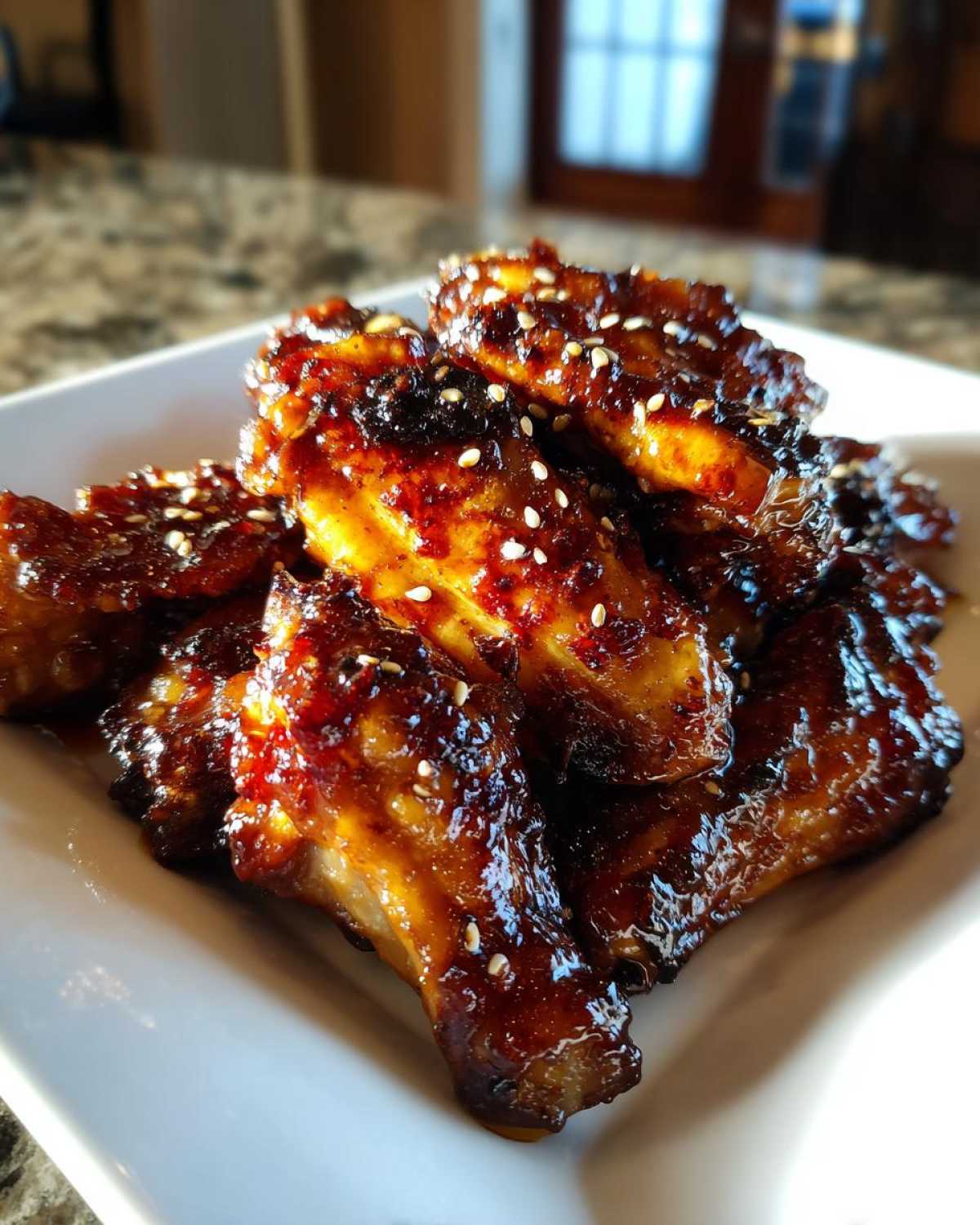 A pile of glossy, caramelized Sticky Teriyaki Chicken Wings Oven Baked, sprinkled with sesame seeds, served on a white plate.