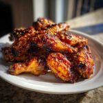 A plate piled high with golden brown, glazed Sticky Teriyaki Chicken Wings Oven Baked, sprinkled with sesame seeds.