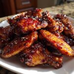A pile of glistening Sticky Teriyaki Chicken Wings Oven Baked, coated in a dark glaze and sprinkled with sesame seeds.