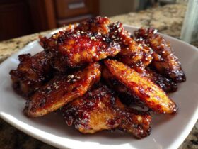 A pile of glistening Sticky Teriyaki Chicken Wings Oven Baked, coated in a dark glaze and sprinkled with sesame seeds.