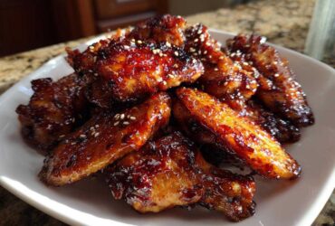 A pile of glistening Sticky Teriyaki Chicken Wings Oven Baked, coated in a dark glaze and sprinkled with sesame seeds.