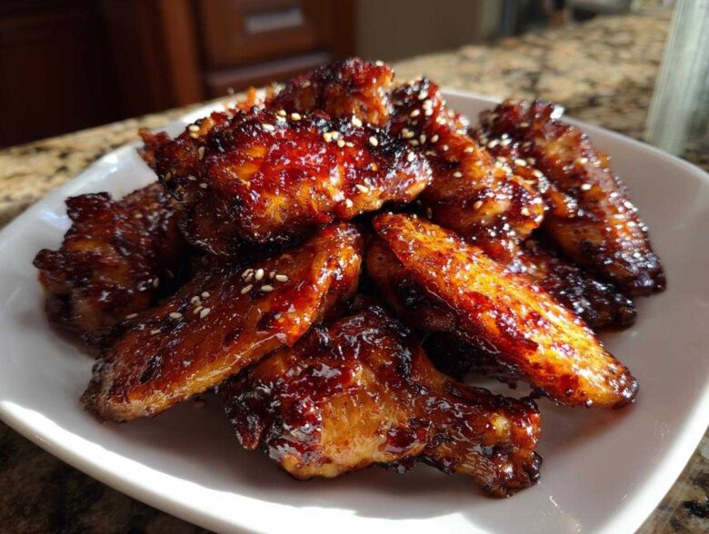 A pile of glistening Sticky Teriyaki Chicken Wings Oven Baked, coated in a dark glaze and sprinkled with sesame seeds.