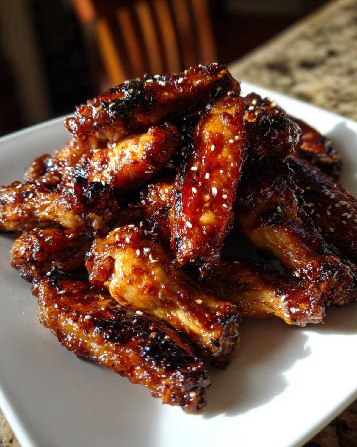 A pile of glistening, caramelized Sticky Teriyaki Chicken Wings Oven Baked, sprinkled with white sesame seeds.