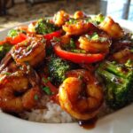 Close-up of Sticky Teriyaki Shrimp Stir Fry Quick Meal served over white rice with bright green broccoli and red bell peppers.