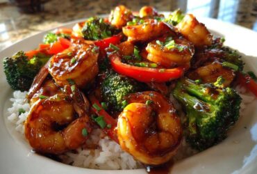 Close-up of Sticky Teriyaki Shrimp Stir Fry Quick Meal served over white rice with bright green broccoli and red bell peppers.
