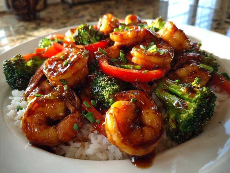 Close-up of Sticky Teriyaki Shrimp Stir Fry Quick Meal served over white rice with bright green broccoli and red bell peppers.