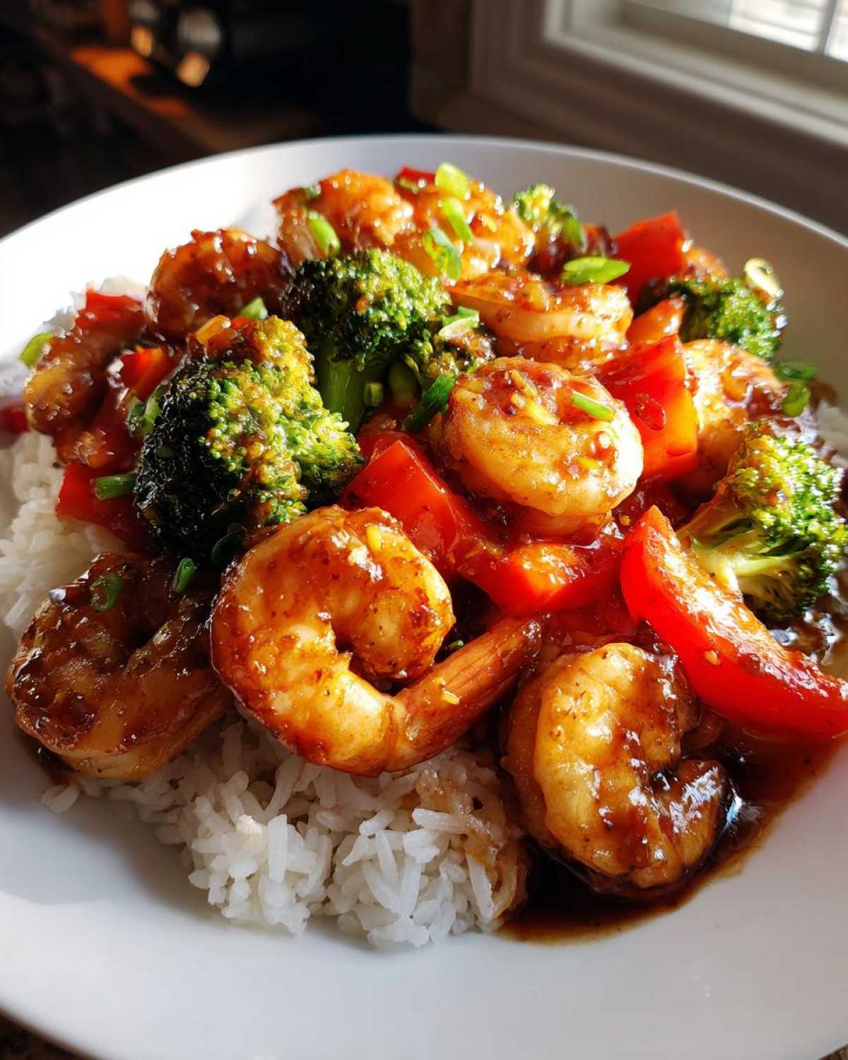 Close-up of Sticky Teriyaki Shrimp Stir Fry Quick Meal with broccoli and red peppers served over white rice.