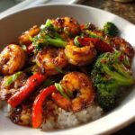 Close-up of Sticky Teriyaki Shrimp Stir Fry Quick Meal served over white rice with broccoli and red peppers.